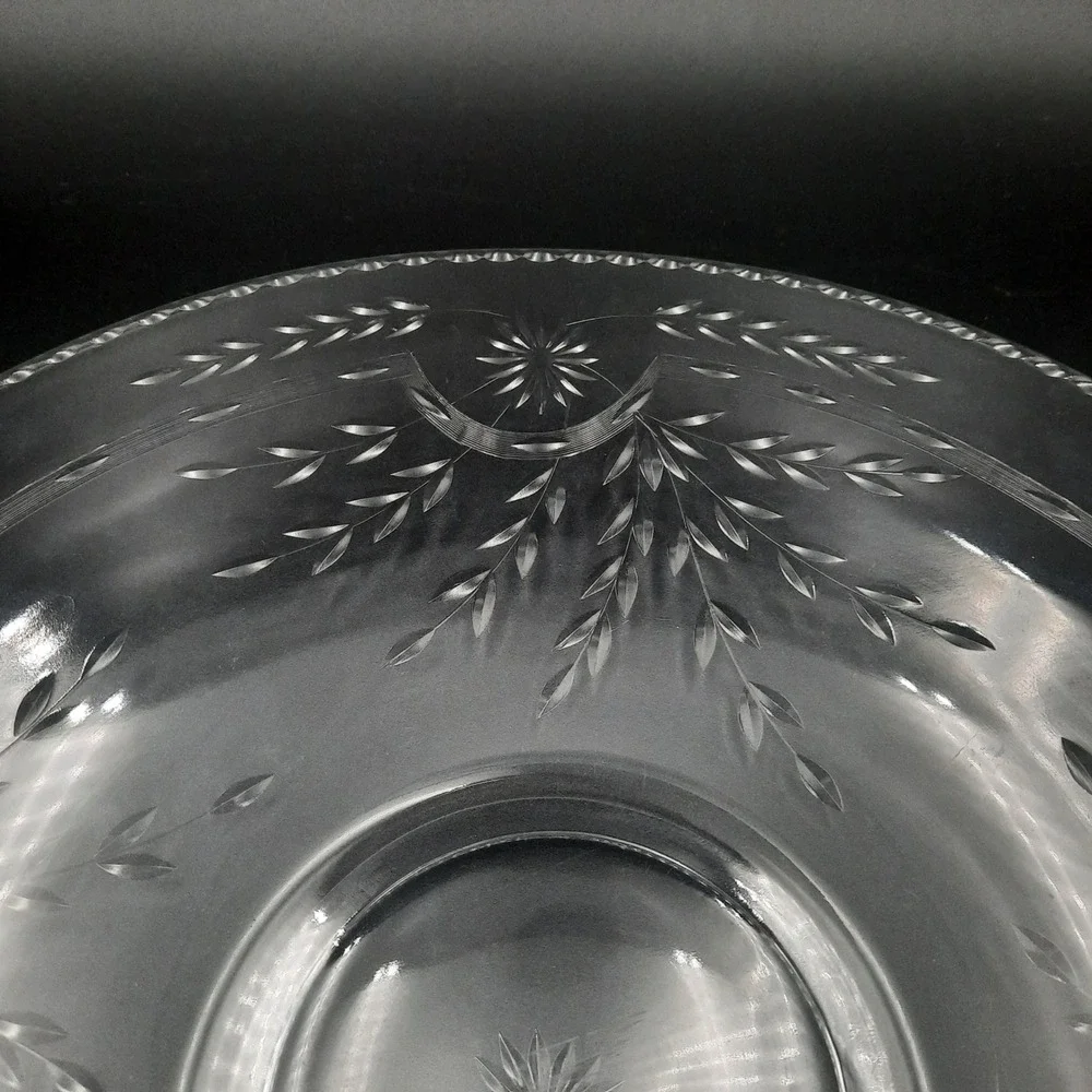 Manganese Glass Cake Stand Pedestal Dessert Display Plate Etched Floral Design‎